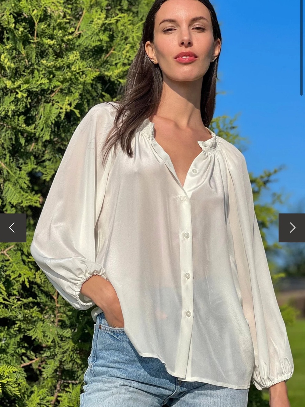 Tucker NYC The Classic Blouse White Silk Crepe de Chine Smocked Peasant Top M